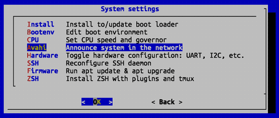 Панель 'System: System and security settings' в Orange Pi 5, выбран пункт 'Avahi: Announce system in the network'