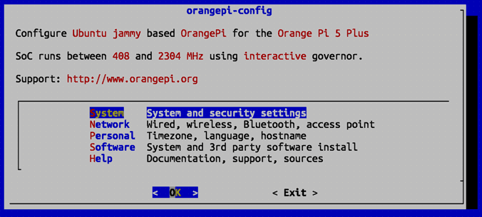 Панель orangepi–config на Orange Pi 5 выглядит так