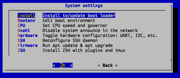 В orangepi–config заходим в панель 'System Settings' и выбираем 'Install: Install to/update boot loader